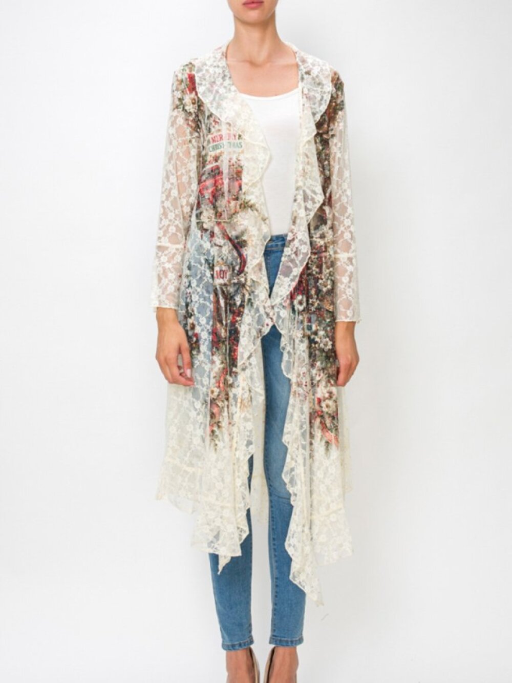new ORIGAMI duster lace cardigan SANTA TRUCK CHRISTMAS HOLIDAY ruffled SM-3XL